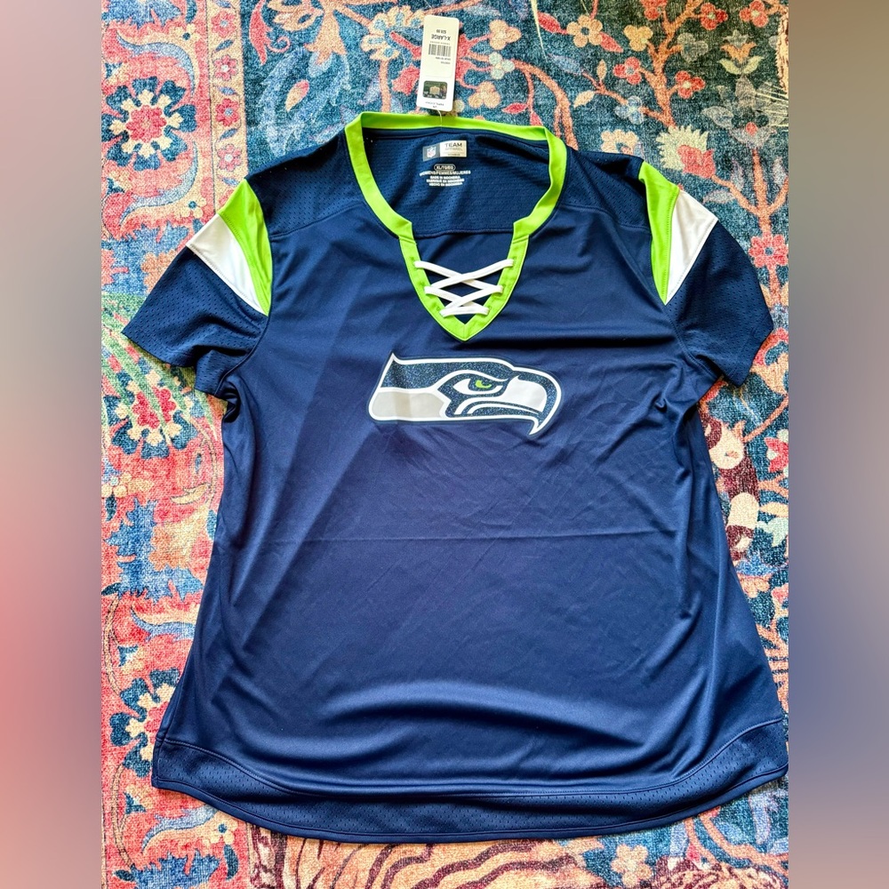 NWT NFL Seahawks Navy and Lime Green Women's T-shirt